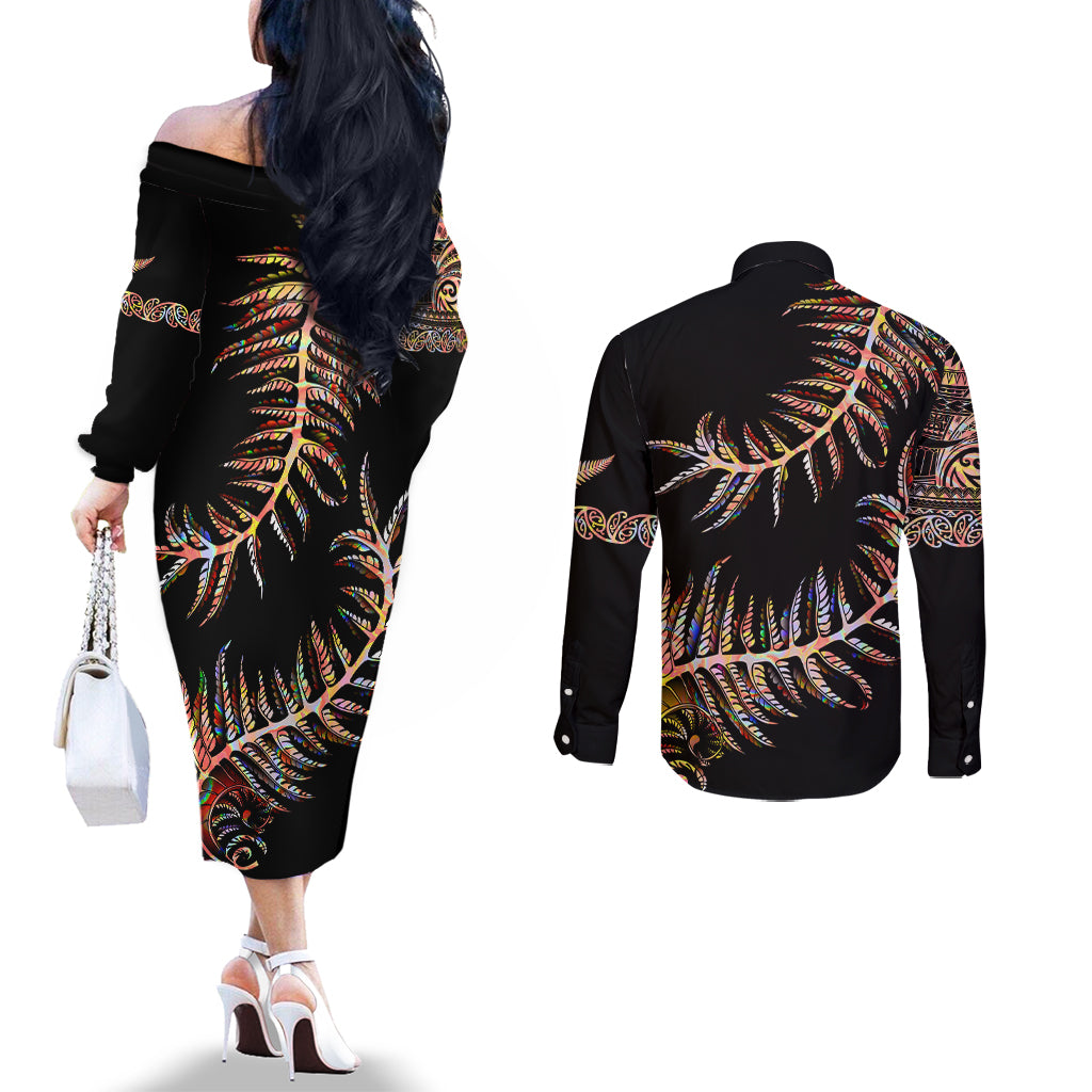 new-zealand-couples-matching-off-the-shoulder-long-sleeve-dress-and-long-sleeve-button-shirt-aotearoa-silver-fern-mixed-papua-shell-red-vibe