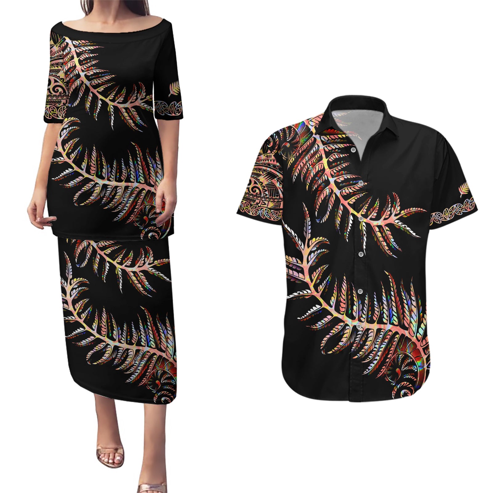 new-zealand-couples-matching-puletasi-dress-and-hawaiian-shirt-aotearoa-silver-fern-mixed-papua-shell-red-vibe