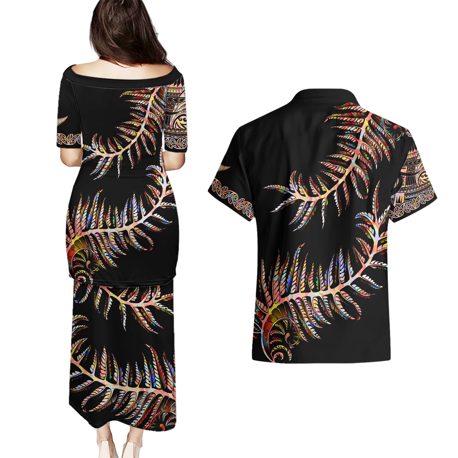 new-zealand-couples-matching-puletasi-dress-and-hawaiian-shirt-aotearoa-silver-fern-mixed-papua-shell-red-vibe