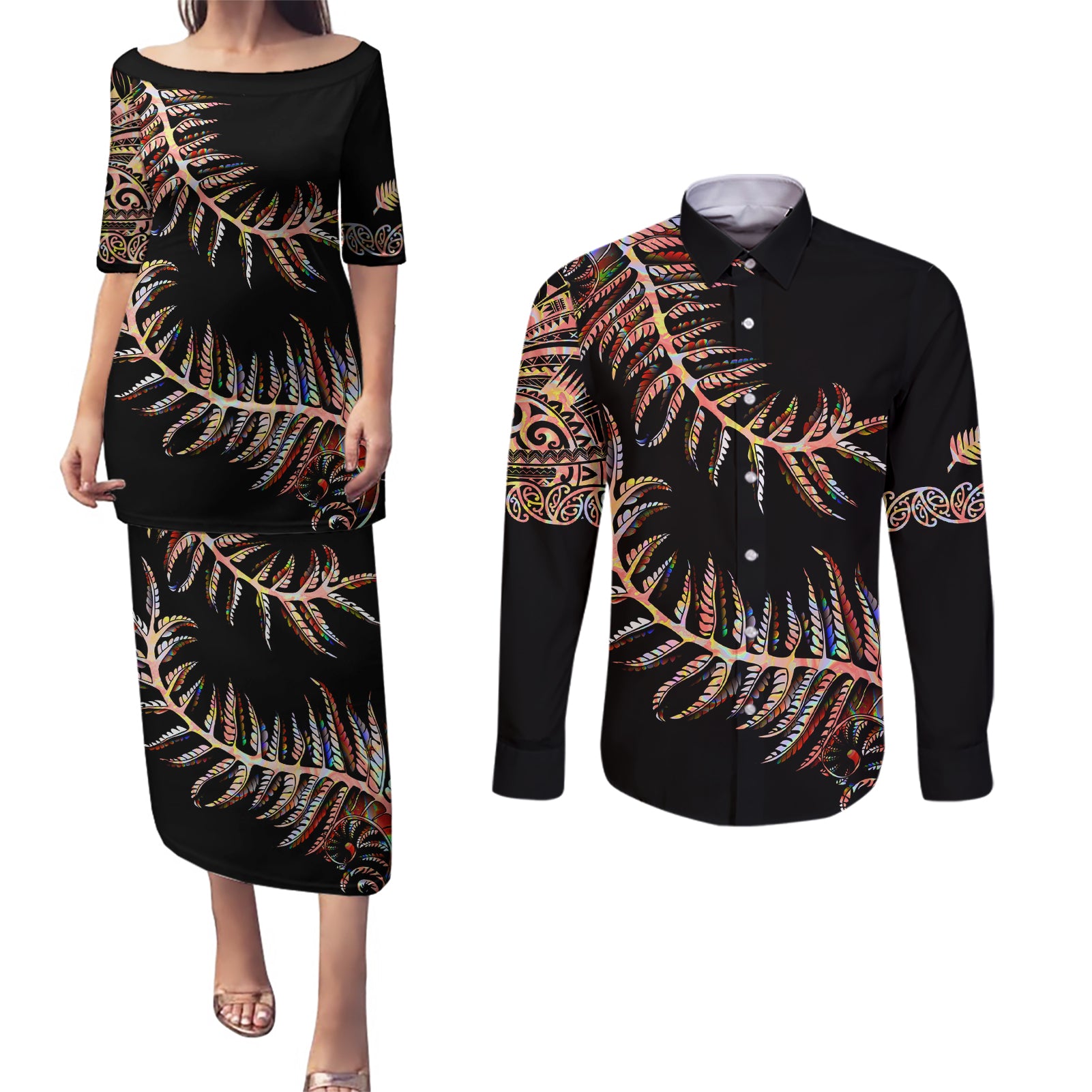 new-zealand-couples-matching-puletasi-dress-and-long-sleeve-button-shirt-aotearoa-silver-fern-mixed-papua-shell-red-vibe