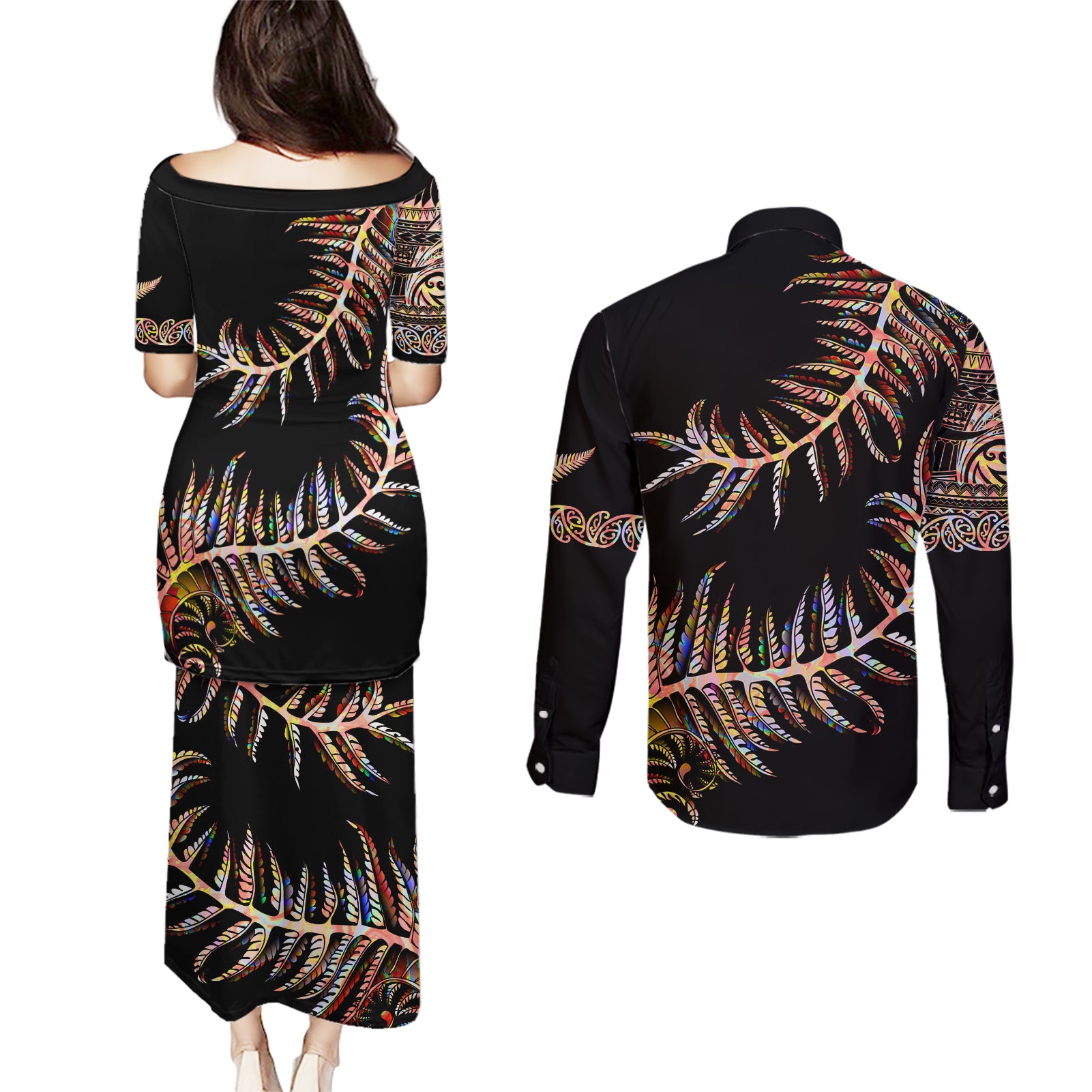 new-zealand-couples-matching-puletasi-dress-and-long-sleeve-button-shirt-aotearoa-silver-fern-mixed-papua-shell-red-vibe