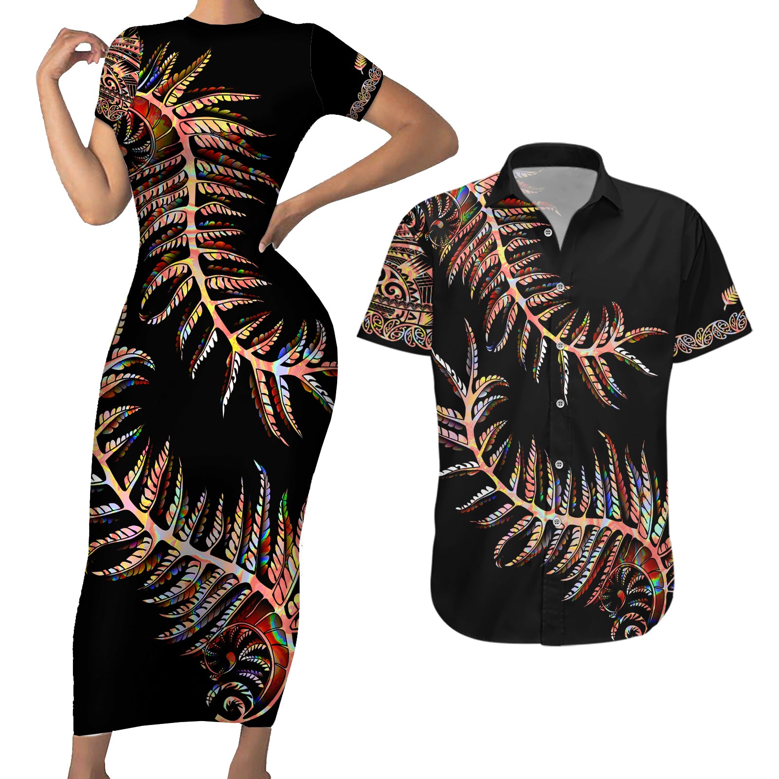 new-zealand-couples-matching-short-sleeve-bodycon-dress-and-hawaiian-shirt-aotearoa-silver-fern-mixed-papua-shell-red-vibe