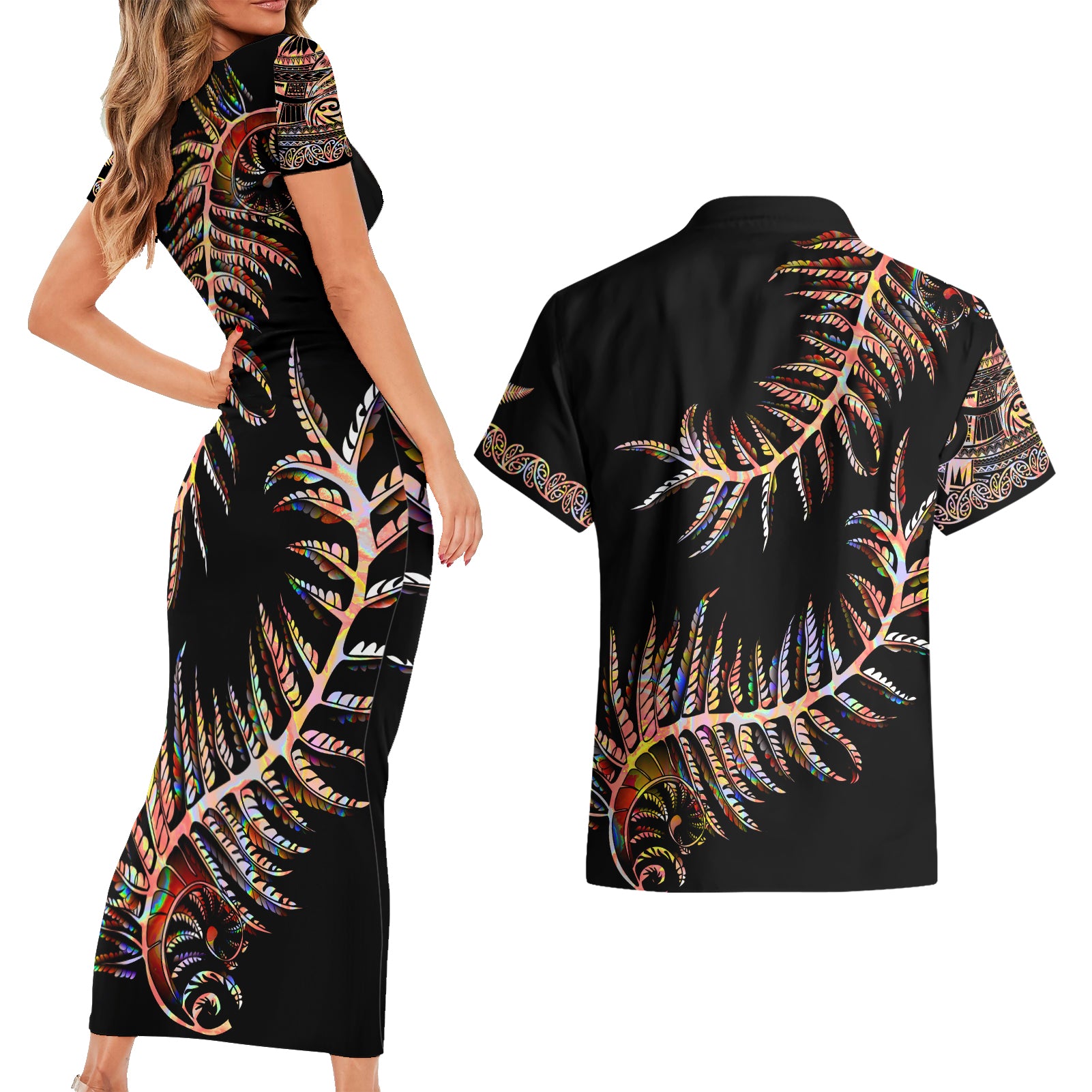 new-zealand-couples-matching-short-sleeve-bodycon-dress-and-hawaiian-shirt-aotearoa-silver-fern-mixed-papua-shell-red-vibe