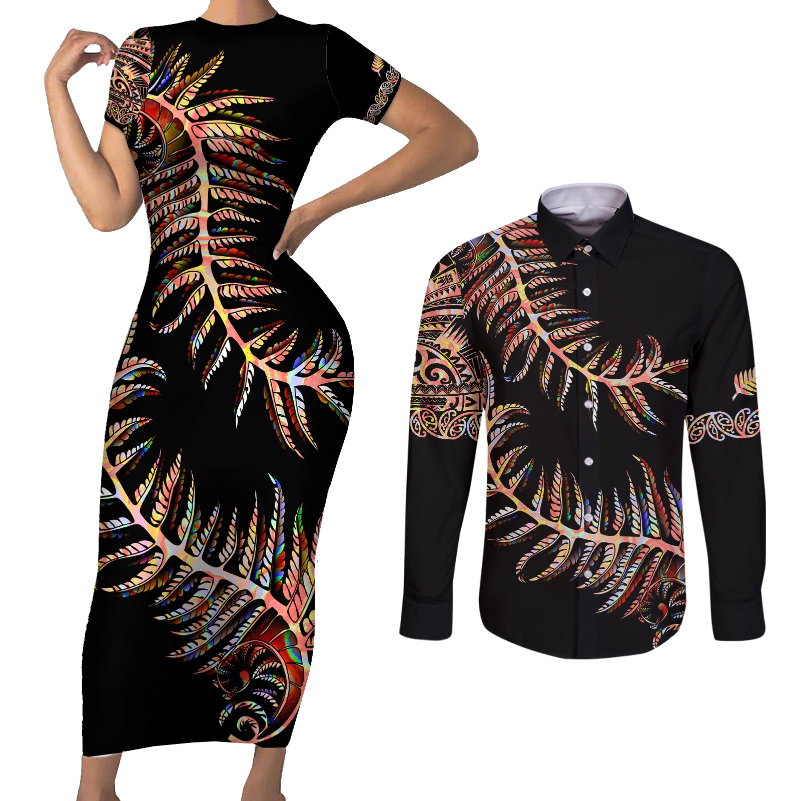 new-zealand-couples-matching-short-sleeve-bodycon-dress-and-long-sleeve-button-shirt-aotearoa-silver-fern-mixed-papua-shell-red-vibe