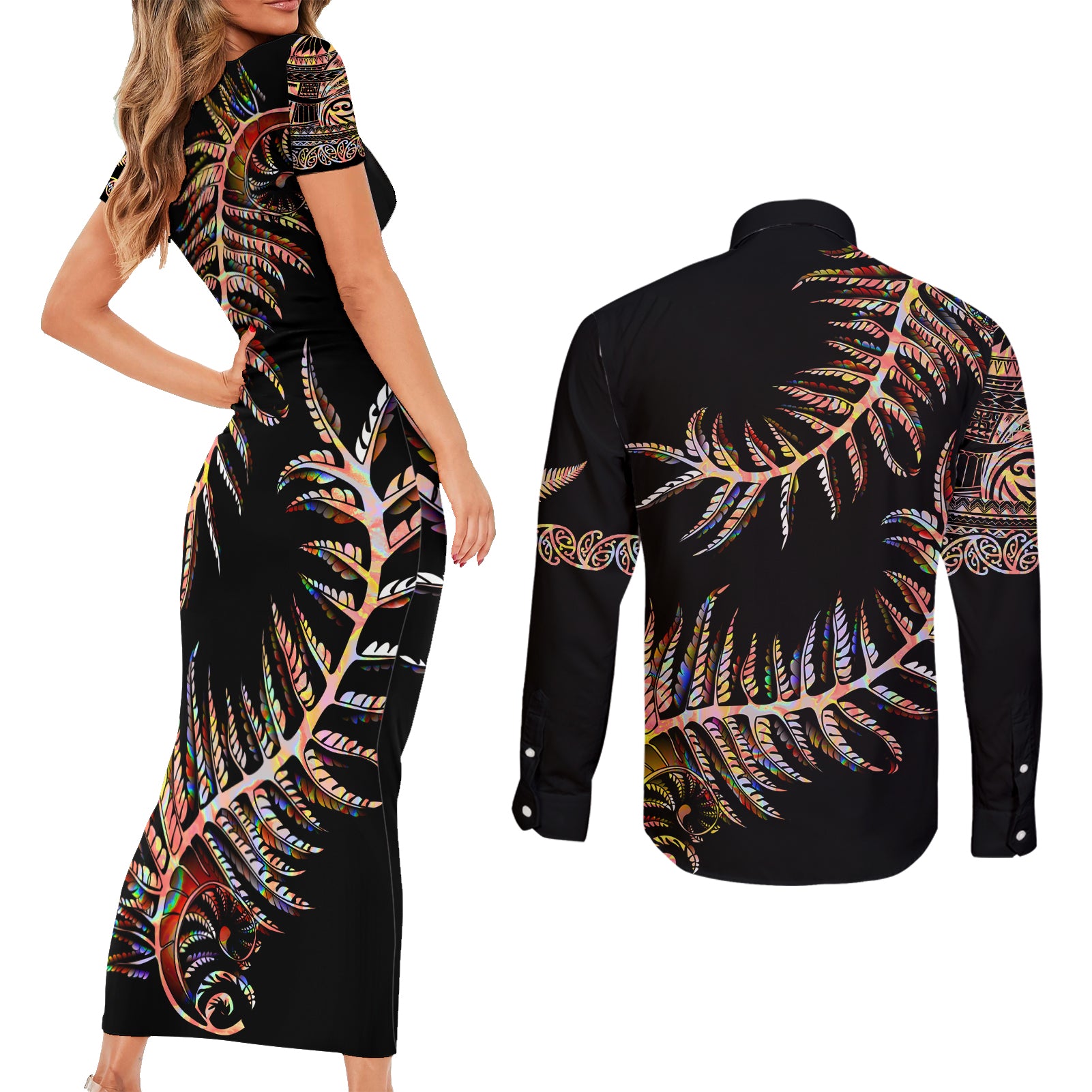 new-zealand-couples-matching-short-sleeve-bodycon-dress-and-long-sleeve-button-shirt-aotearoa-silver-fern-mixed-papua-shell-red-vibe