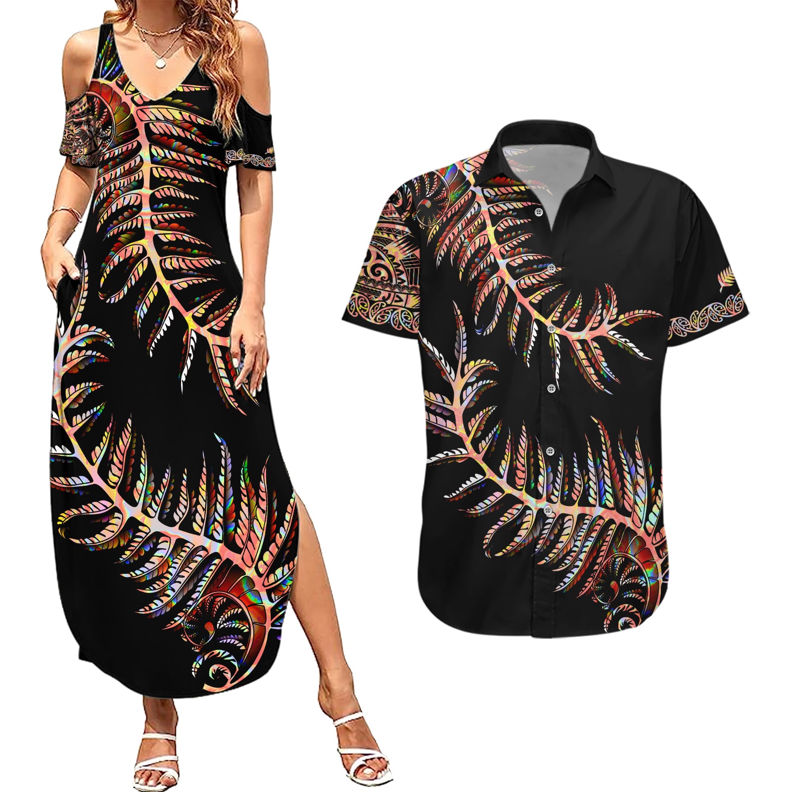 new-zealand-couples-matching-summer-maxi-dress-and-hawaiian-shirt-aotearoa-silver-fern-mixed-papua-shell-red-vibe