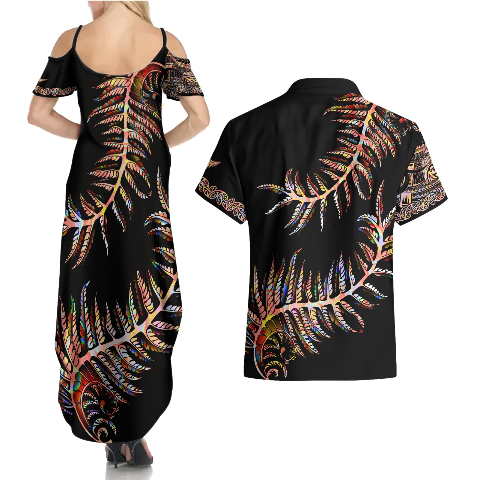 new-zealand-couples-matching-summer-maxi-dress-and-hawaiian-shirt-aotearoa-silver-fern-mixed-papua-shell-red-vibe