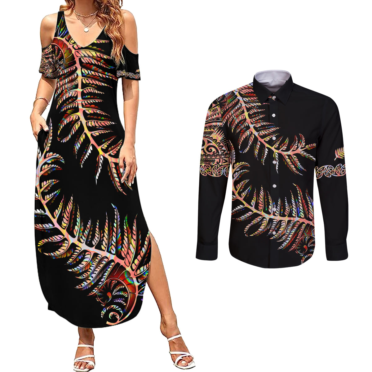 new-zealand-couples-matching-summer-maxi-dress-and-long-sleeve-button-shirt-aotearoa-silver-fern-mixed-papua-shell-red-vibe