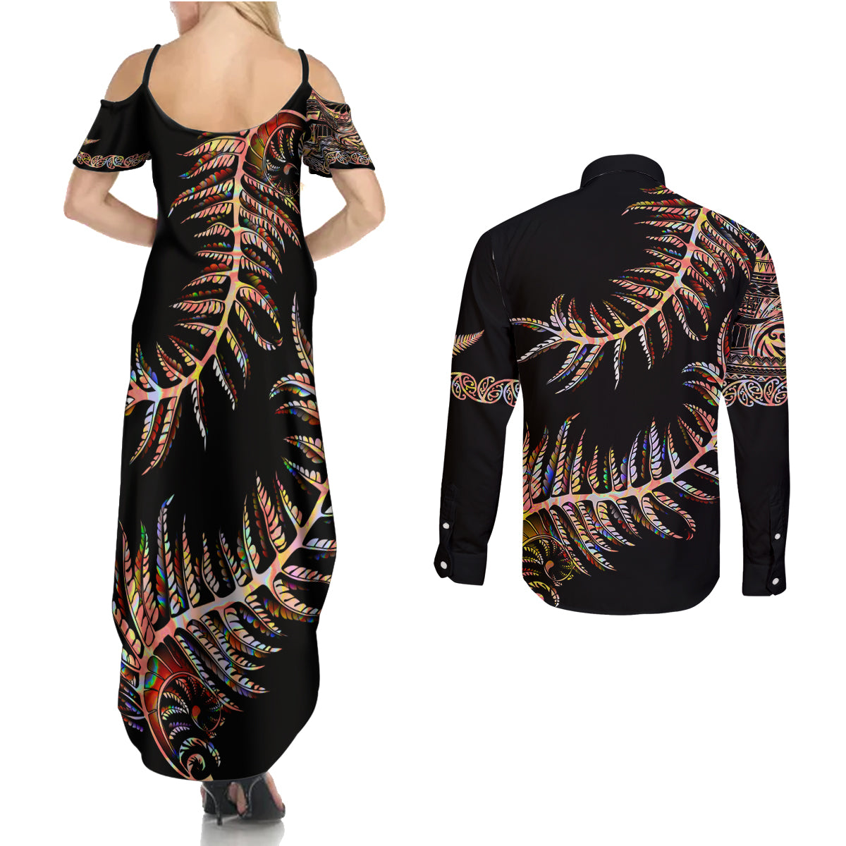 new-zealand-couples-matching-summer-maxi-dress-and-long-sleeve-button-shirt-aotearoa-silver-fern-mixed-papua-shell-red-vibe