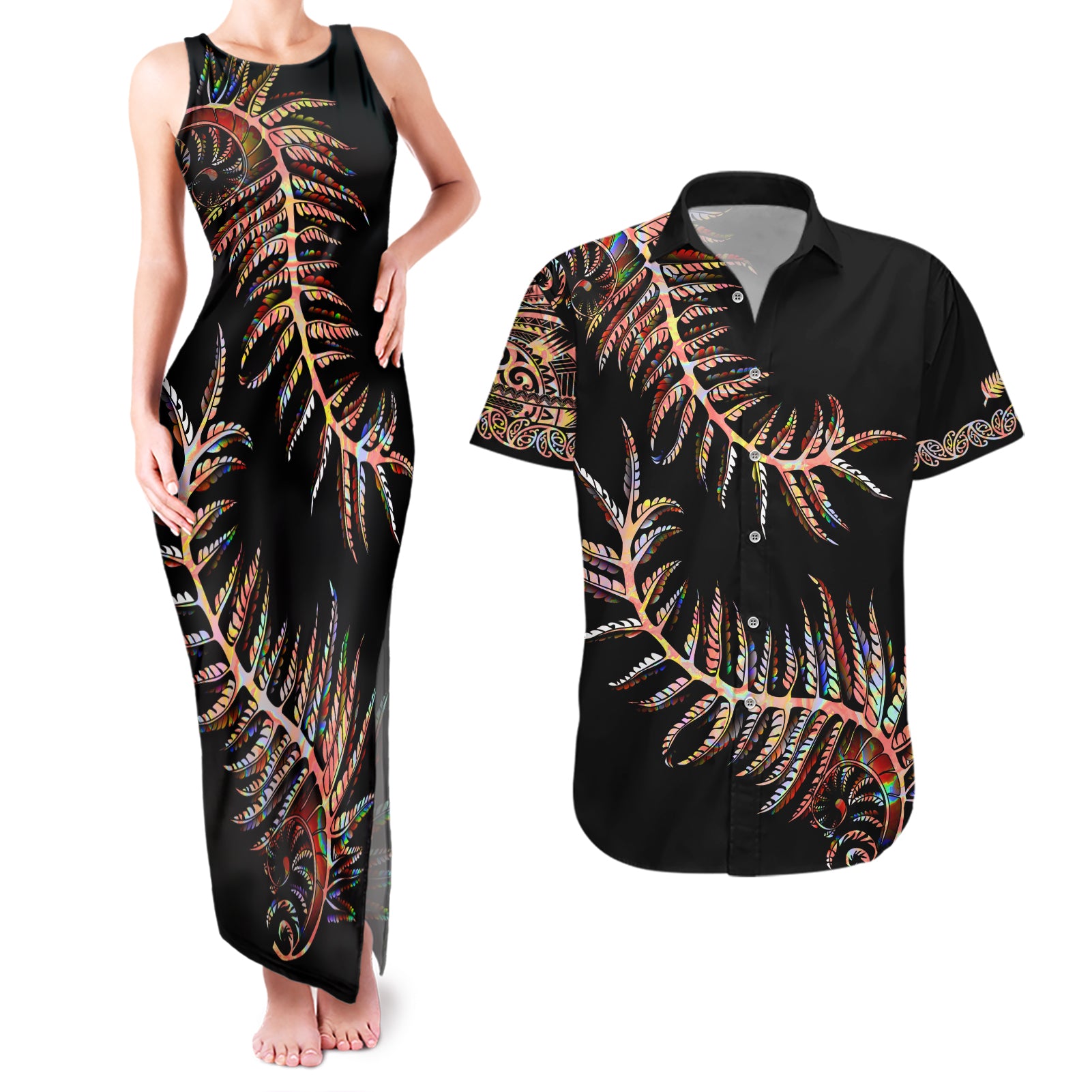 new-zealand-couples-matching-tank-maxi-dress-and-hawaiian-shirt-aotearoa-silver-fern-mixed-papua-shell-red-vibe