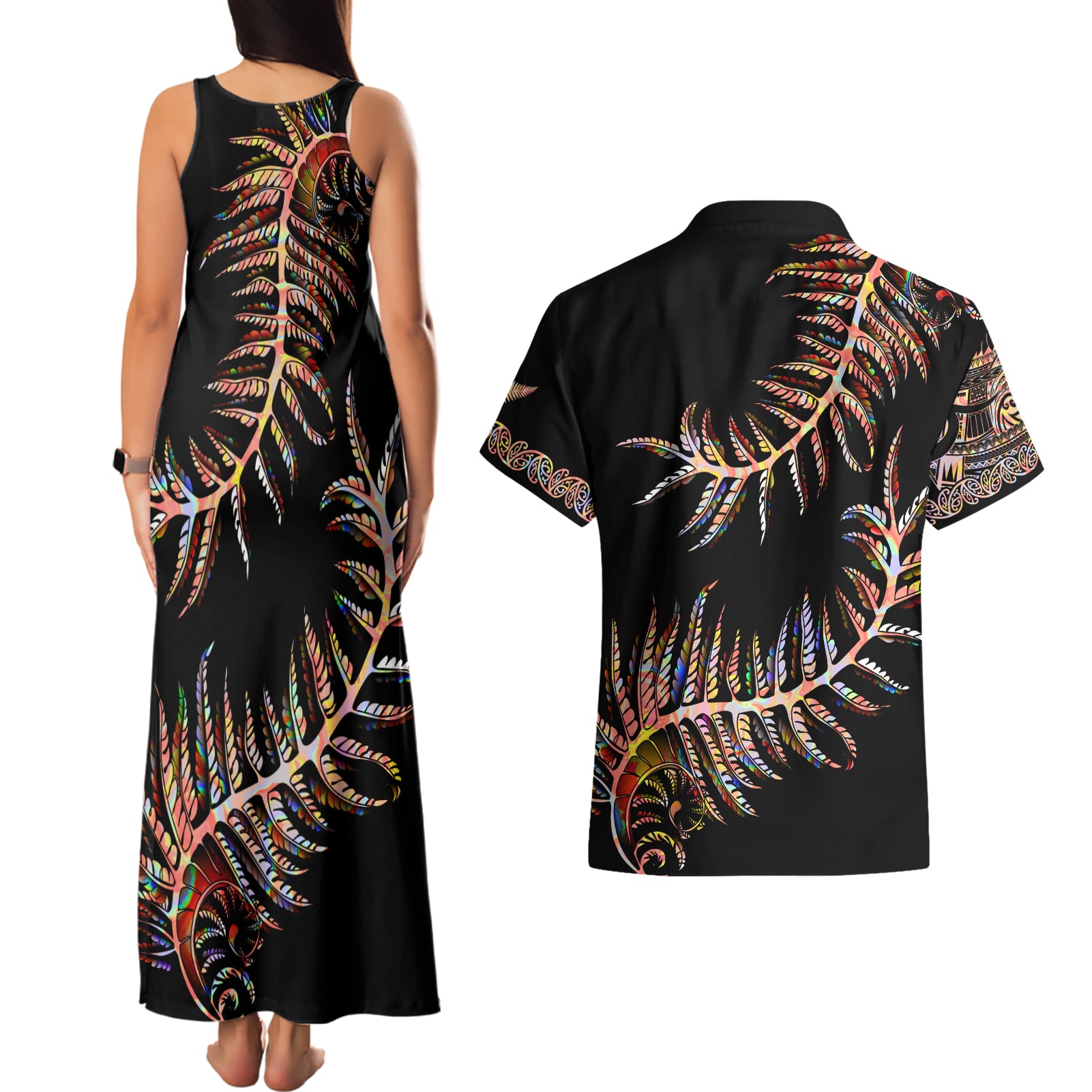 new-zealand-couples-matching-tank-maxi-dress-and-hawaiian-shirt-aotearoa-silver-fern-mixed-papua-shell-red-vibe