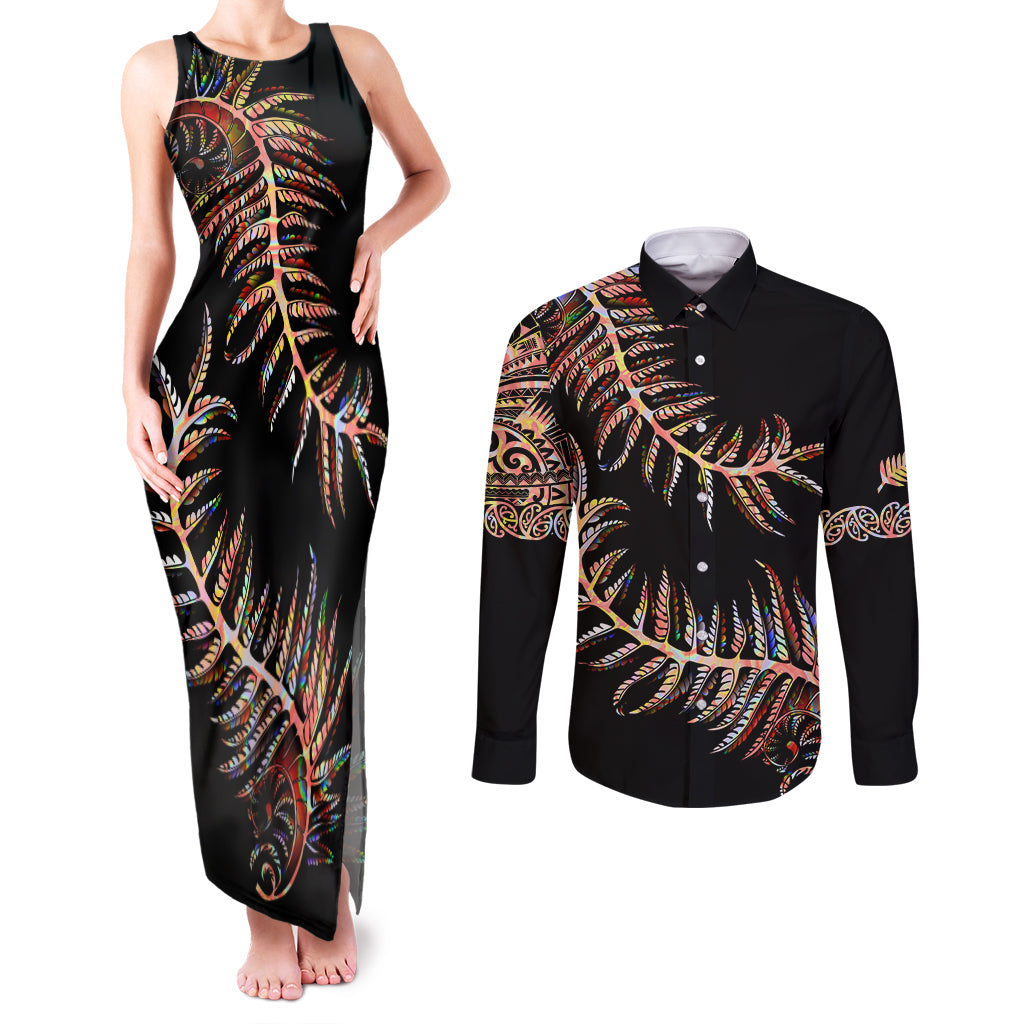 new-zealand-couples-matching-tank-maxi-dress-and-long-sleeve-button-shirt-aotearoa-silver-fern-mixed-papua-shell-red-vibe