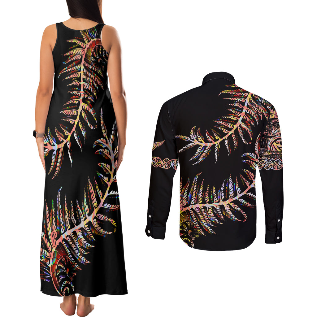 new-zealand-couples-matching-tank-maxi-dress-and-long-sleeve-button-shirt-aotearoa-silver-fern-mixed-papua-shell-red-vibe