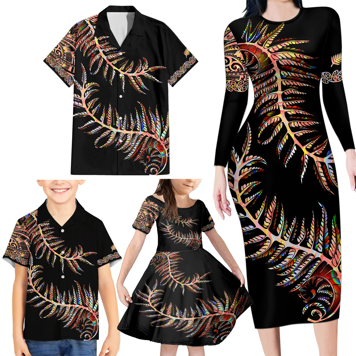 new-zealand-family-matching-long-sleeve-bodycon-dress-and-hawaiian-shirt-aotearoa-silver-fern-mixed-papua-shell-red-vibe