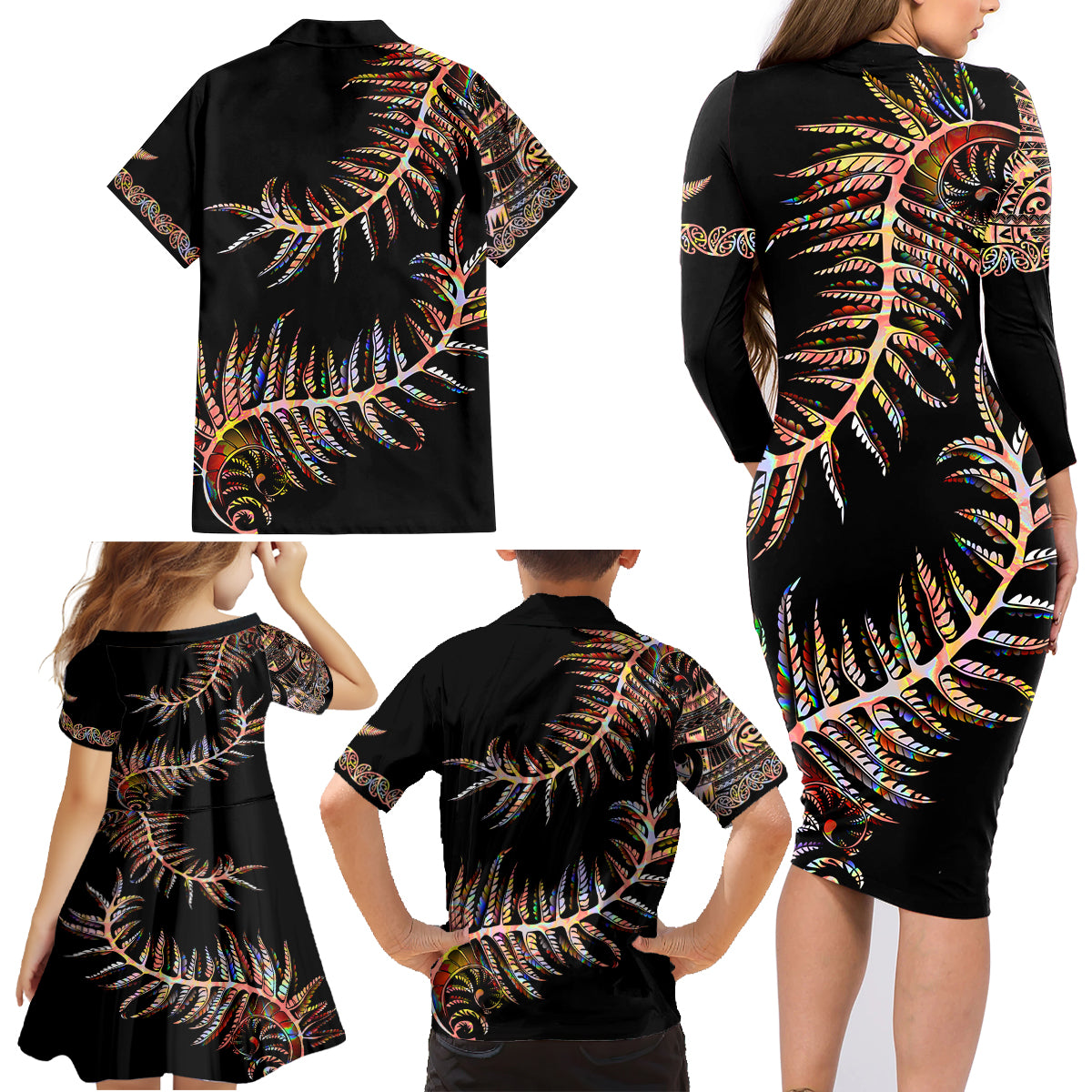 new-zealand-family-matching-long-sleeve-bodycon-dress-and-hawaiian-shirt-aotearoa-silver-fern-mixed-papua-shell-red-vibe