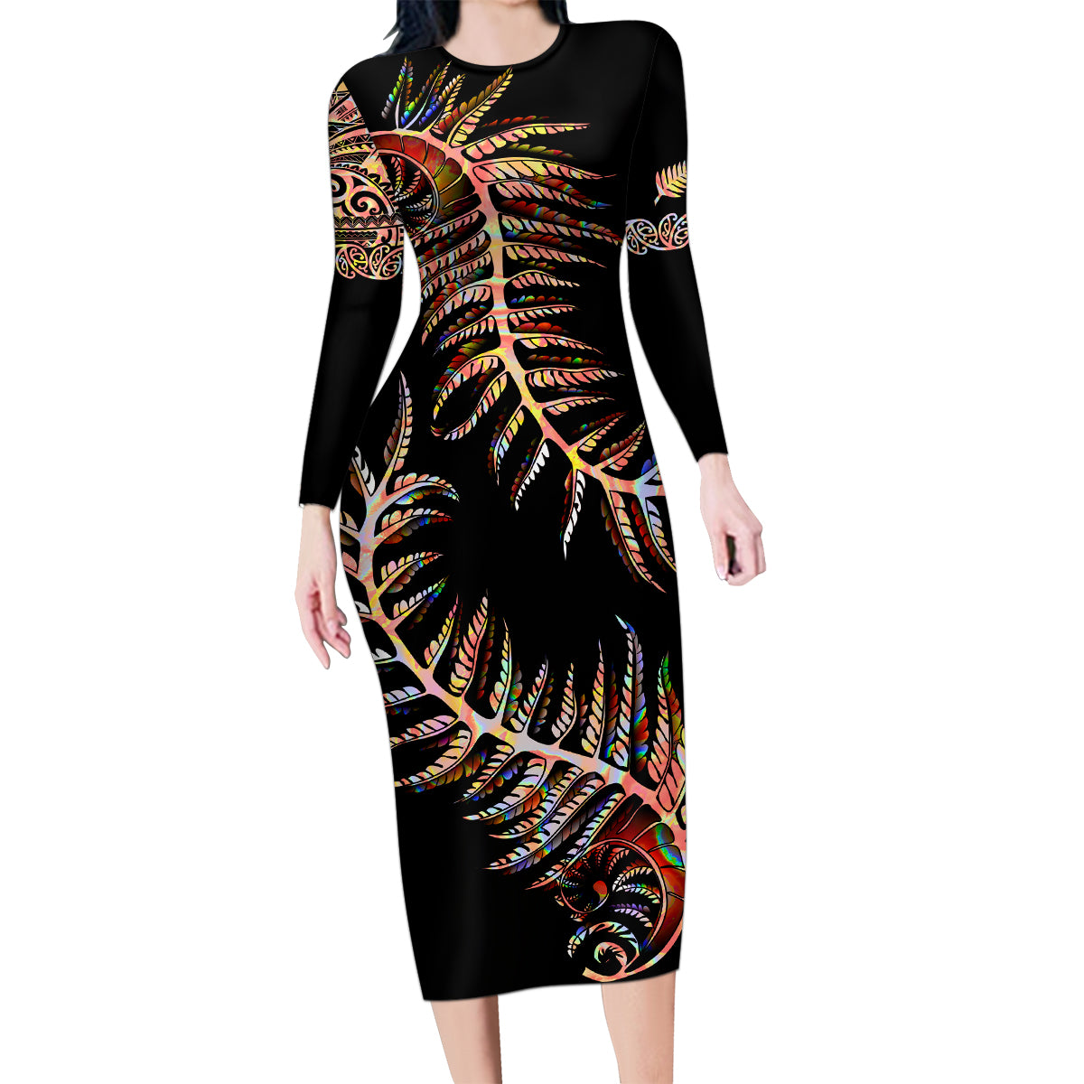 new-zealand-family-matching-long-sleeve-bodycon-dress-and-hawaiian-shirt-aotearoa-silver-fern-mixed-papua-shell-red-vibe