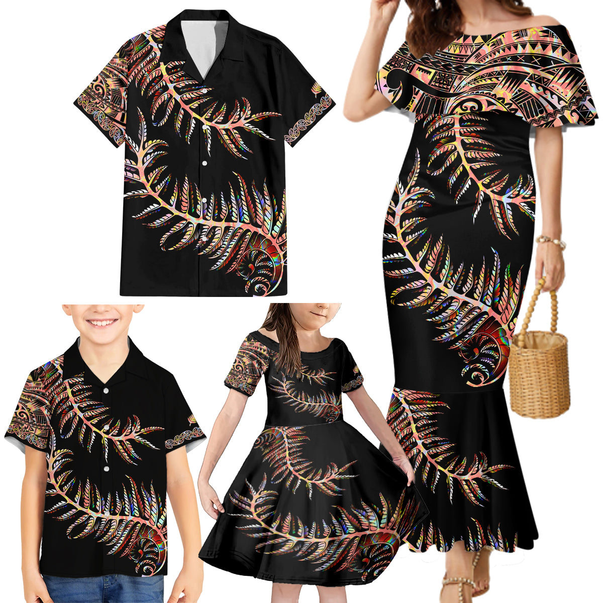 new-zealand-family-matching-mermaid-dress-and-hawaiian-shirt-aotearoa-silver-fern-mixed-papua-shell-red-vibe