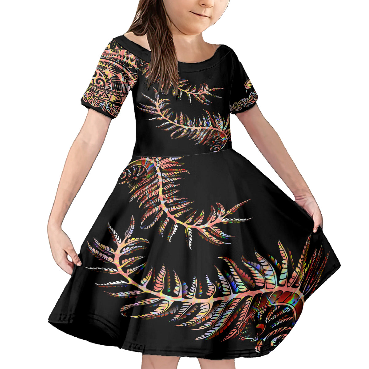 new-zealand-family-matching-mermaid-dress-and-hawaiian-shirt-aotearoa-silver-fern-mixed-papua-shell-red-vibe