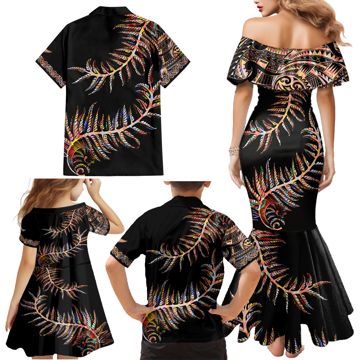 new-zealand-family-matching-mermaid-dress-and-hawaiian-shirt-aotearoa-silver-fern-mixed-papua-shell-red-vibe