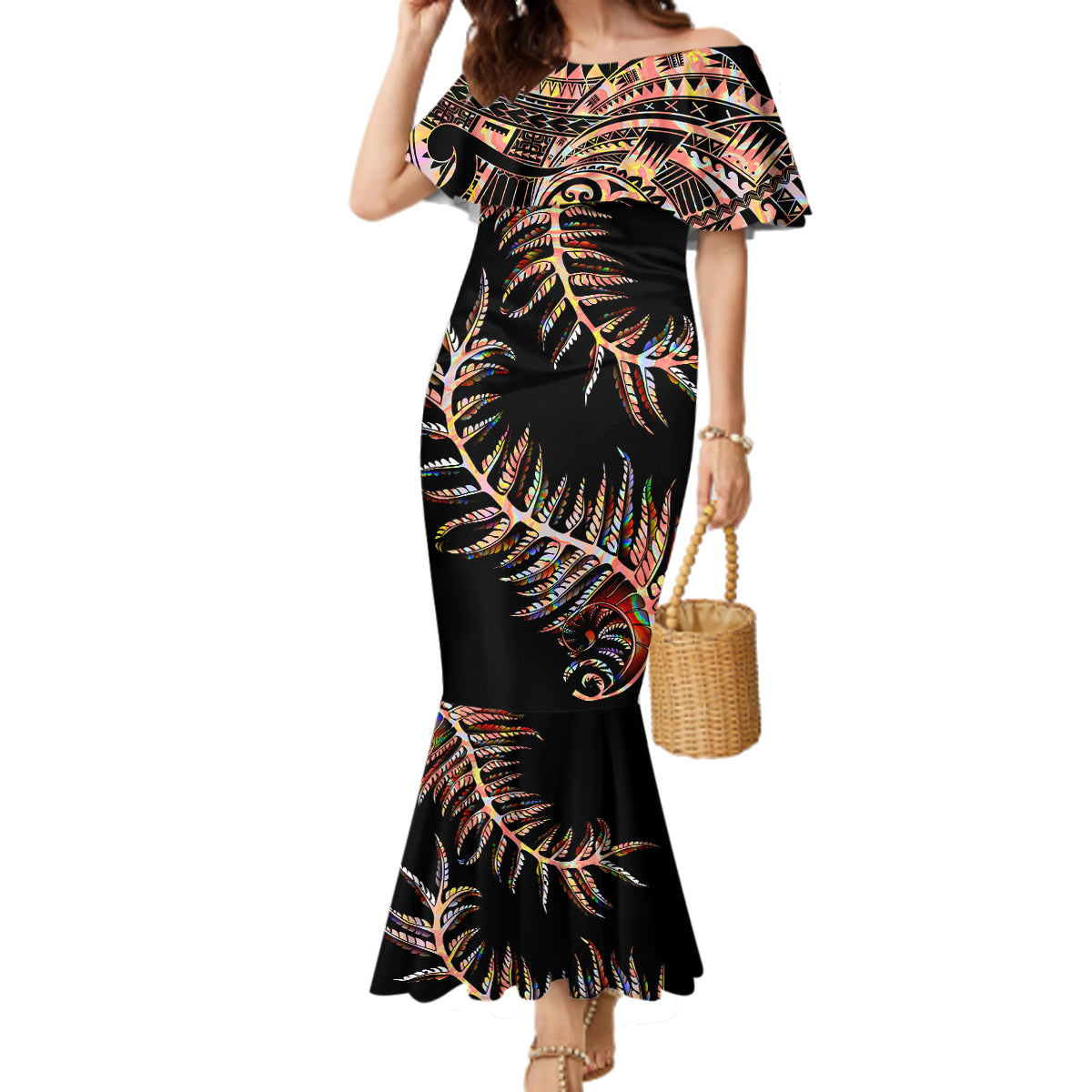 new-zealand-family-matching-mermaid-dress-and-hawaiian-shirt-aotearoa-silver-fern-mixed-papua-shell-red-vibe