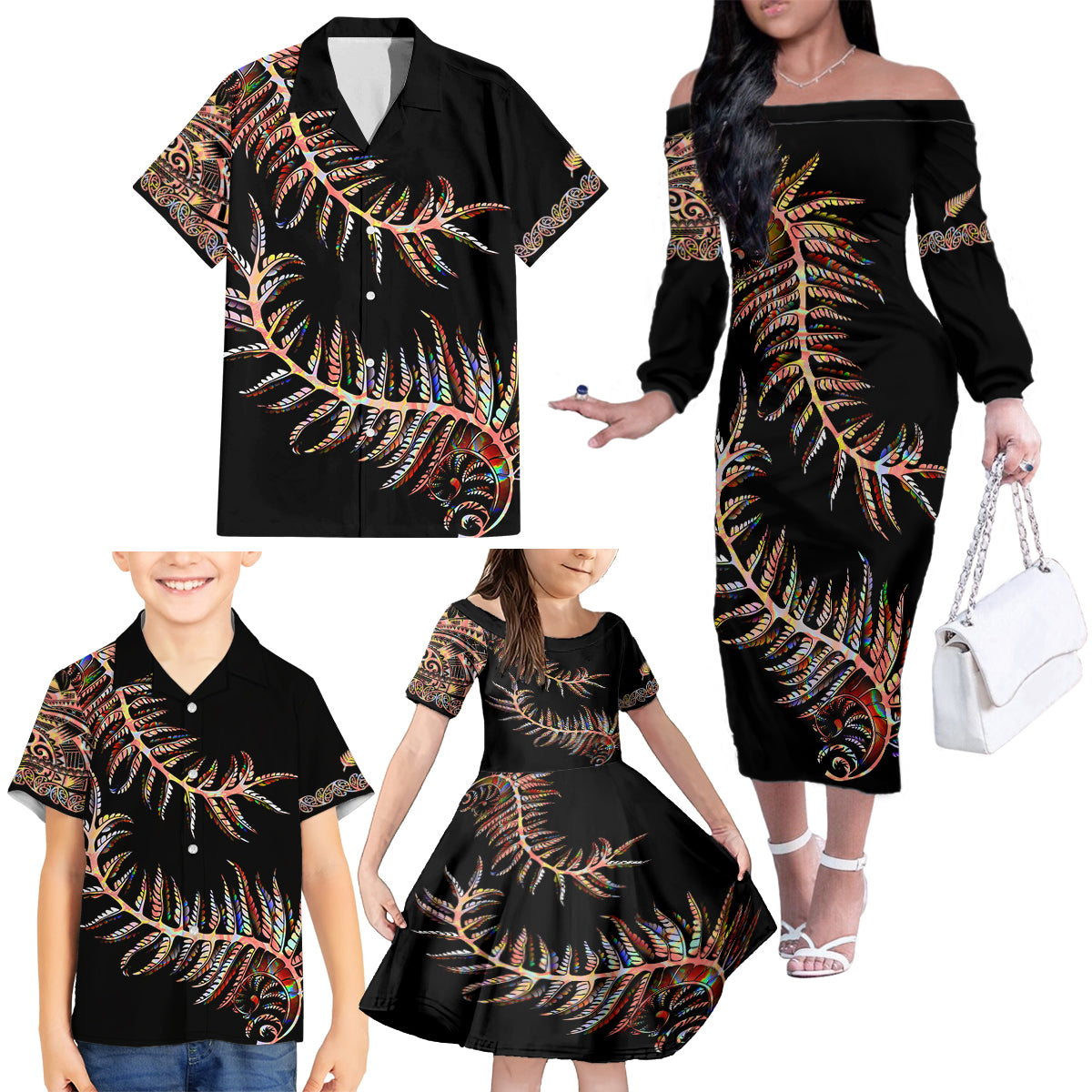 new-zealand-family-matching-off-shoulder-long-sleeve-dress-and-hawaiian-shirt-aotearoa-silver-fern-mixed-papua-shell-red-vibe