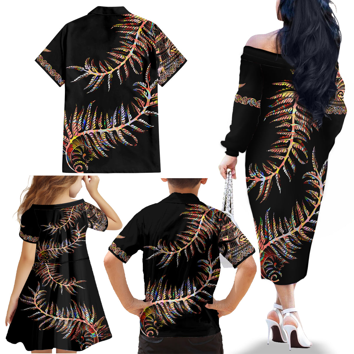 new-zealand-family-matching-off-shoulder-long-sleeve-dress-and-hawaiian-shirt-aotearoa-silver-fern-mixed-papua-shell-red-vibe