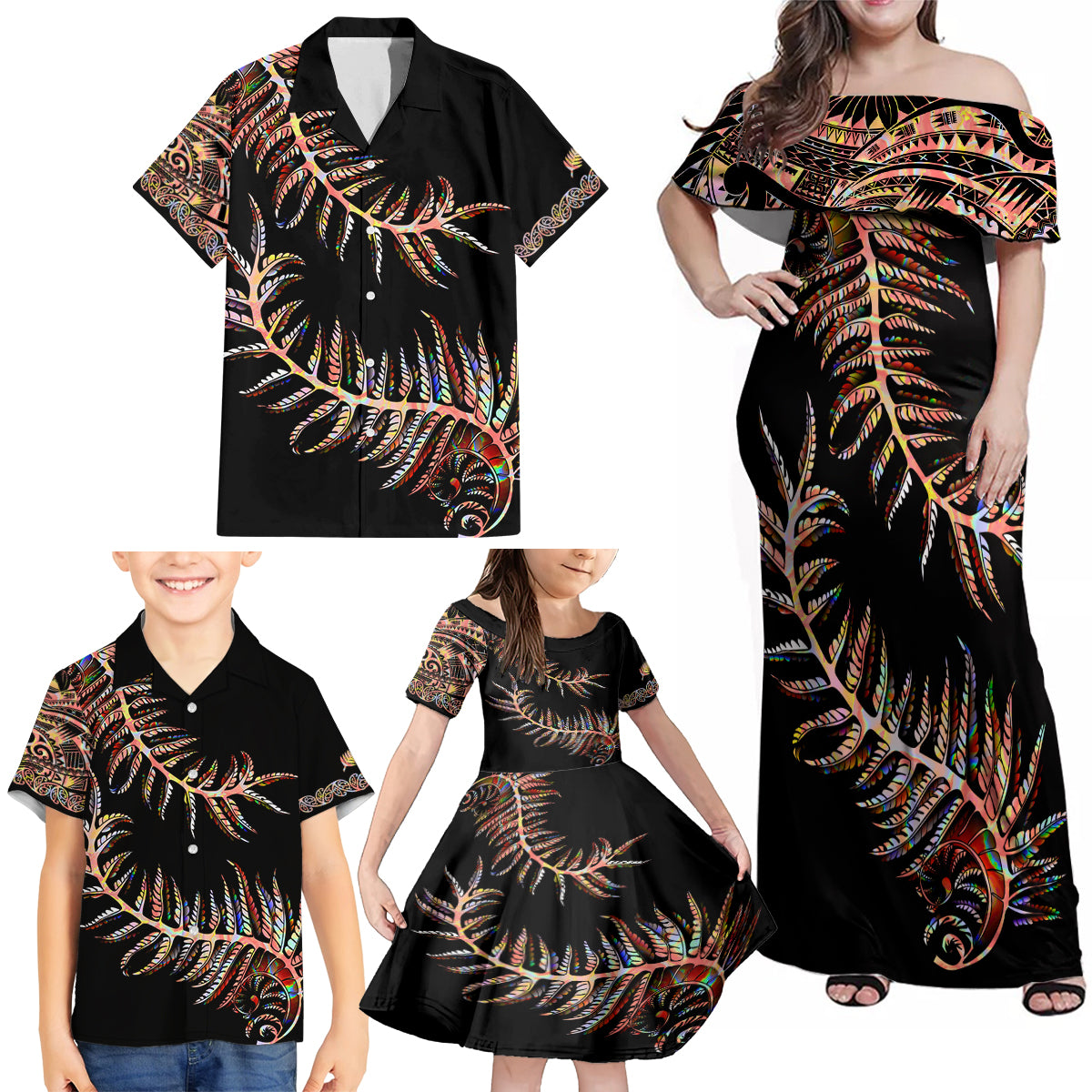 new-zealand-family-matching-off-shoulder-maxi-dress-and-hawaiian-shirt-aotearoa-silver-fern-mixed-papua-shell-red-vibe