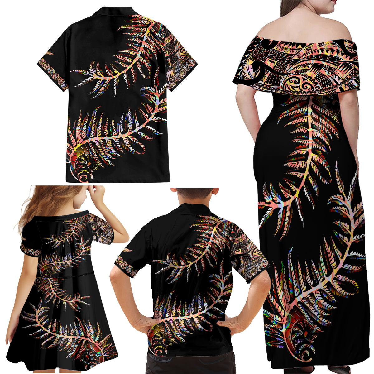 new-zealand-family-matching-off-shoulder-maxi-dress-and-hawaiian-shirt-aotearoa-silver-fern-mixed-papua-shell-red-vibe