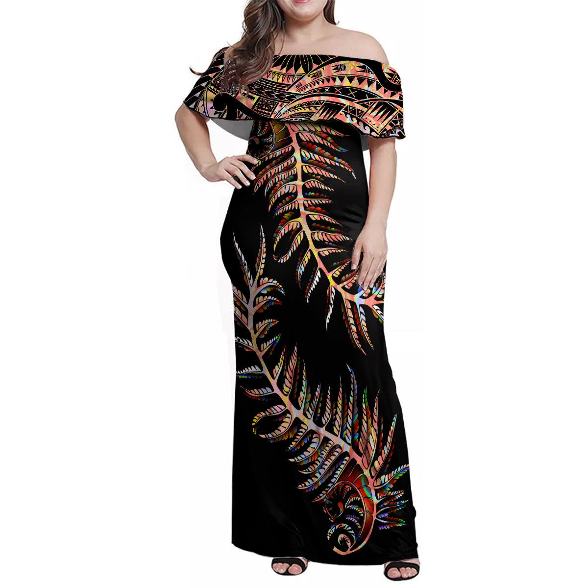 new-zealand-family-matching-off-shoulder-maxi-dress-and-hawaiian-shirt-aotearoa-silver-fern-mixed-papua-shell-red-vibe