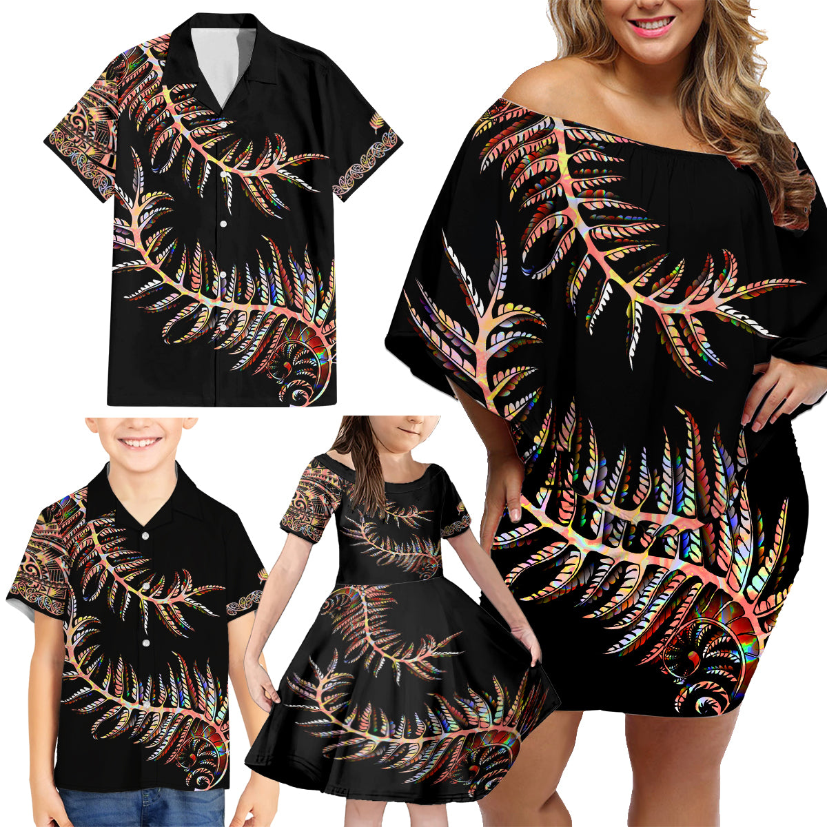 new-zealand-family-matching-off-shoulder-short-dress-and-hawaiian-shirt-aotearoa-silver-fern-mixed-papua-shell-red-vibe