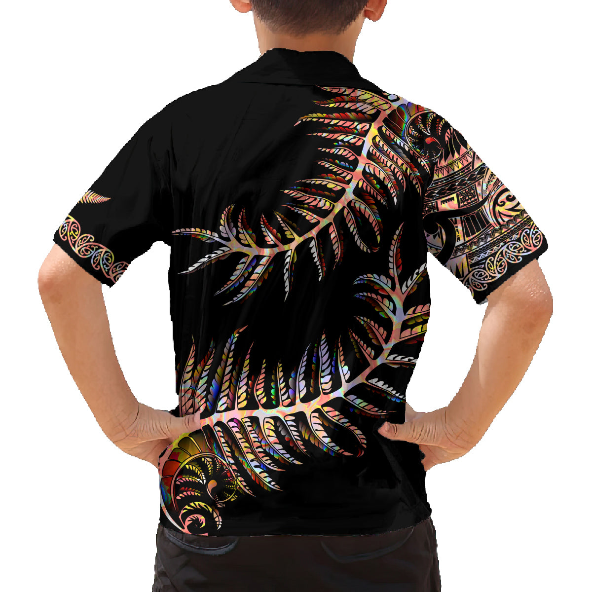 new-zealand-family-matching-off-shoulder-short-dress-and-hawaiian-shirt-aotearoa-silver-fern-mixed-papua-shell-red-vibe