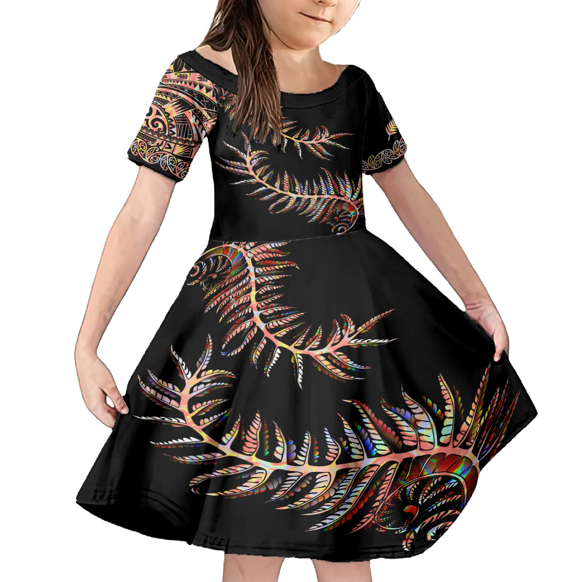 new-zealand-family-matching-off-shoulder-short-dress-and-hawaiian-shirt-aotearoa-silver-fern-mixed-papua-shell-red-vibe