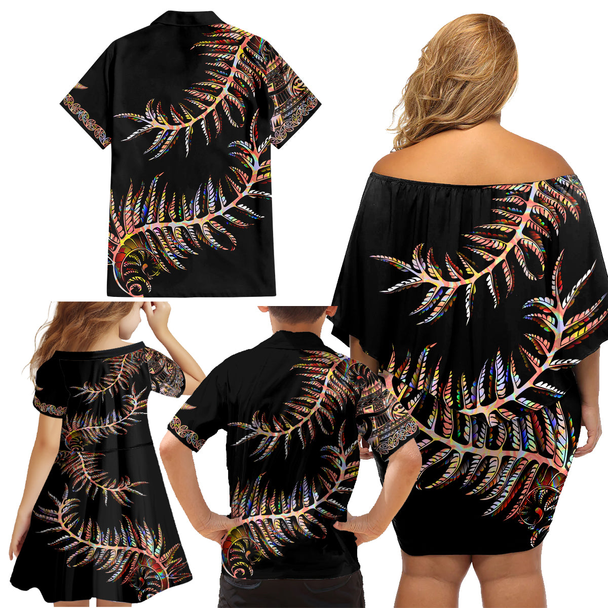 new-zealand-family-matching-off-shoulder-short-dress-and-hawaiian-shirt-aotearoa-silver-fern-mixed-papua-shell-red-vibe