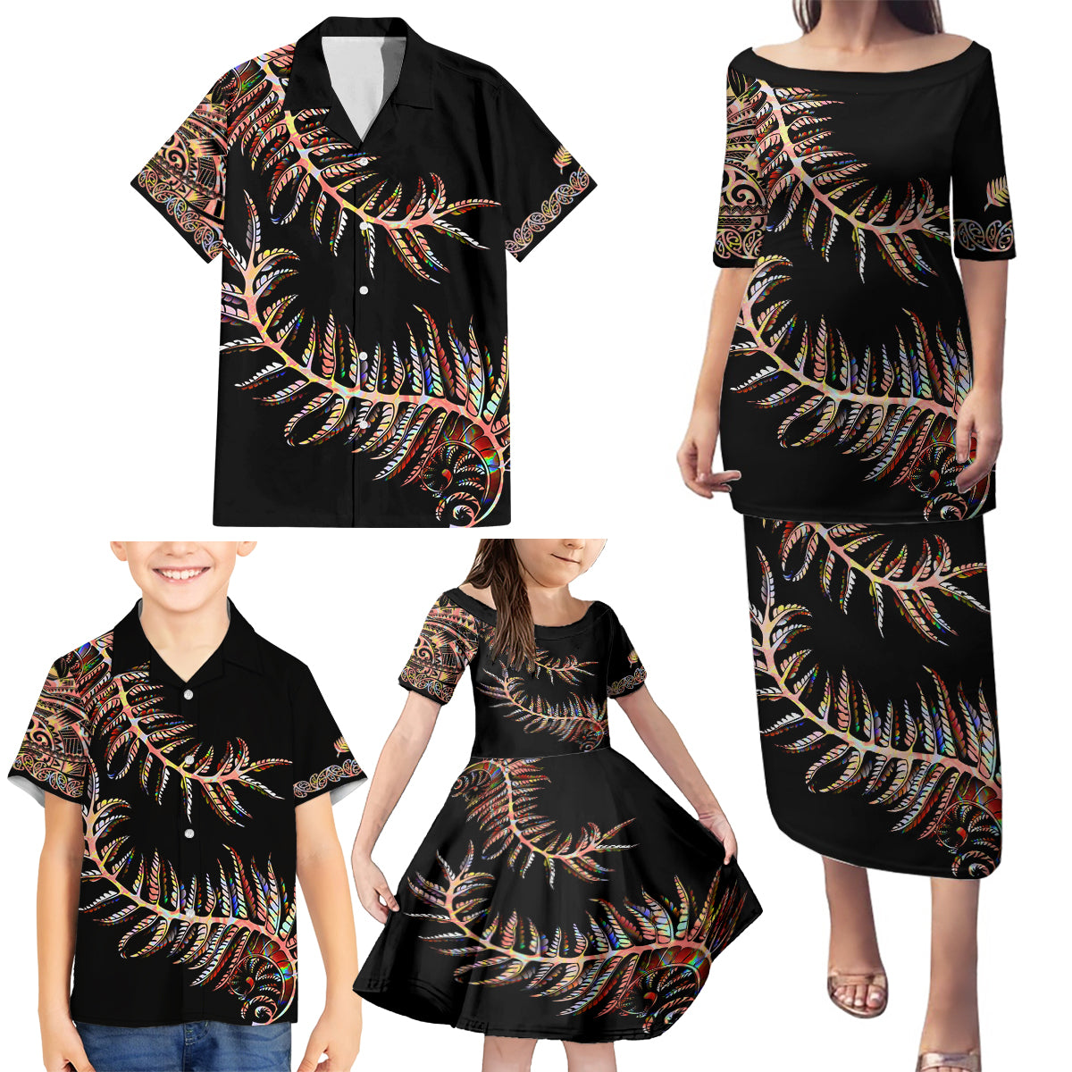 new-zealand-family-matching-puletasi-dress-and-hawaiian-shirt-aotearoa-silver-fern-mixed-papua-shell-red-vibe