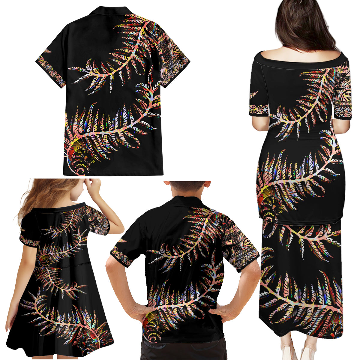 new-zealand-family-matching-puletasi-dress-and-hawaiian-shirt-aotearoa-silver-fern-mixed-papua-shell-red-vibe