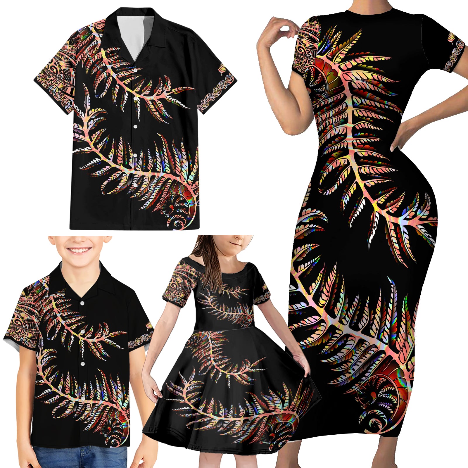 new-zealand-family-matching-short-sleeve-bodycon-dress-and-hawaiian-shirt-aotearoa-silver-fern-mixed-papua-shell-red-vibe