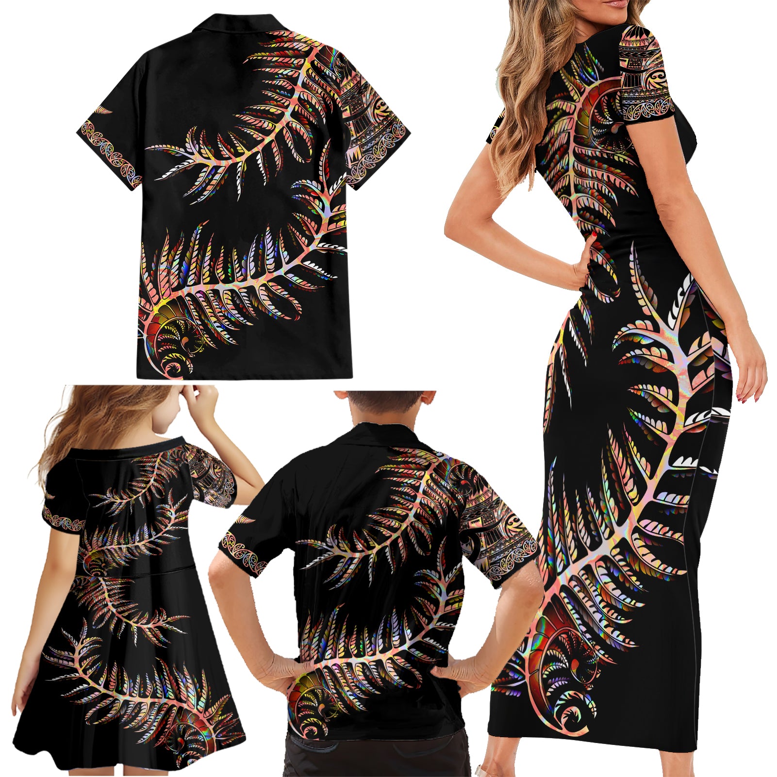 new-zealand-family-matching-short-sleeve-bodycon-dress-and-hawaiian-shirt-aotearoa-silver-fern-mixed-papua-shell-red-vibe