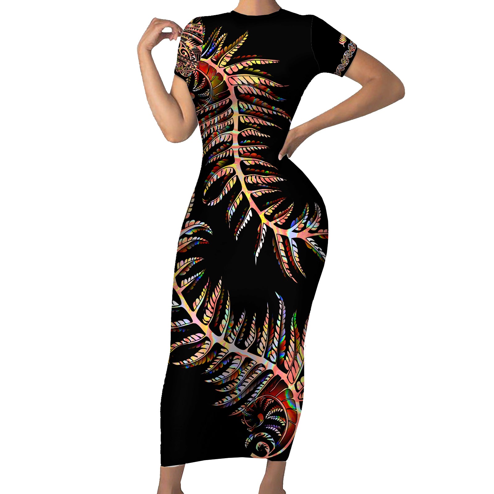 new-zealand-family-matching-short-sleeve-bodycon-dress-and-hawaiian-shirt-aotearoa-silver-fern-mixed-papua-shell-red-vibe