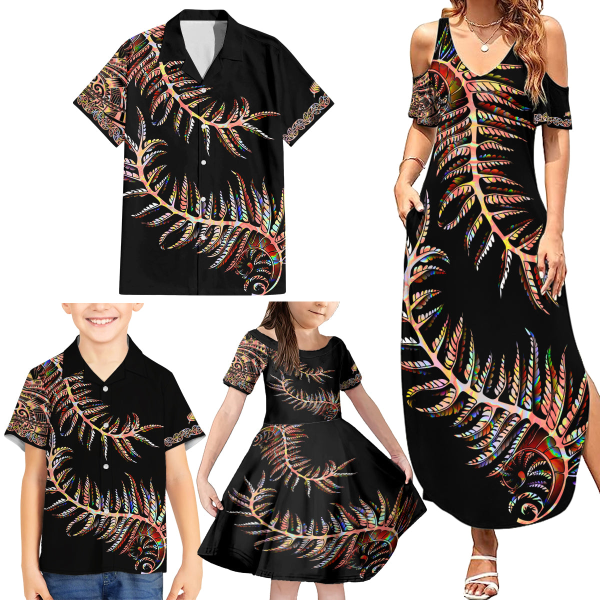 new-zealand-family-matching-summer-maxi-dress-and-hawaiian-shirt-aotearoa-silver-fern-mixed-papua-shell-red-vibe