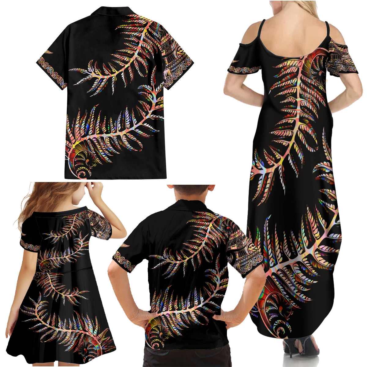 new-zealand-family-matching-summer-maxi-dress-and-hawaiian-shirt-aotearoa-silver-fern-mixed-papua-shell-red-vibe