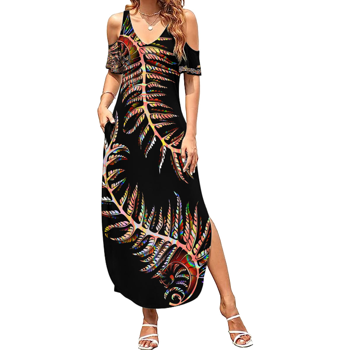 new-zealand-family-matching-summer-maxi-dress-and-hawaiian-shirt-aotearoa-silver-fern-mixed-papua-shell-red-vibe