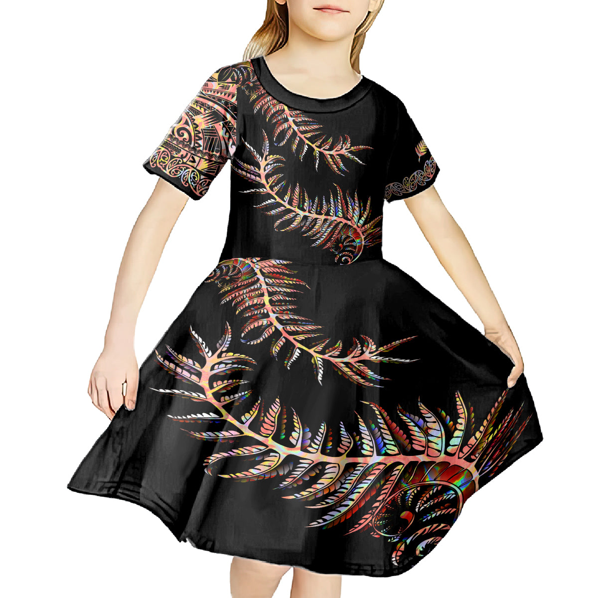 New Zealand Kid Short Sleeve Dress Aotearoa Silver Fern Mixed Papua Shell Red Vibe - Vibe Hoodie Shop