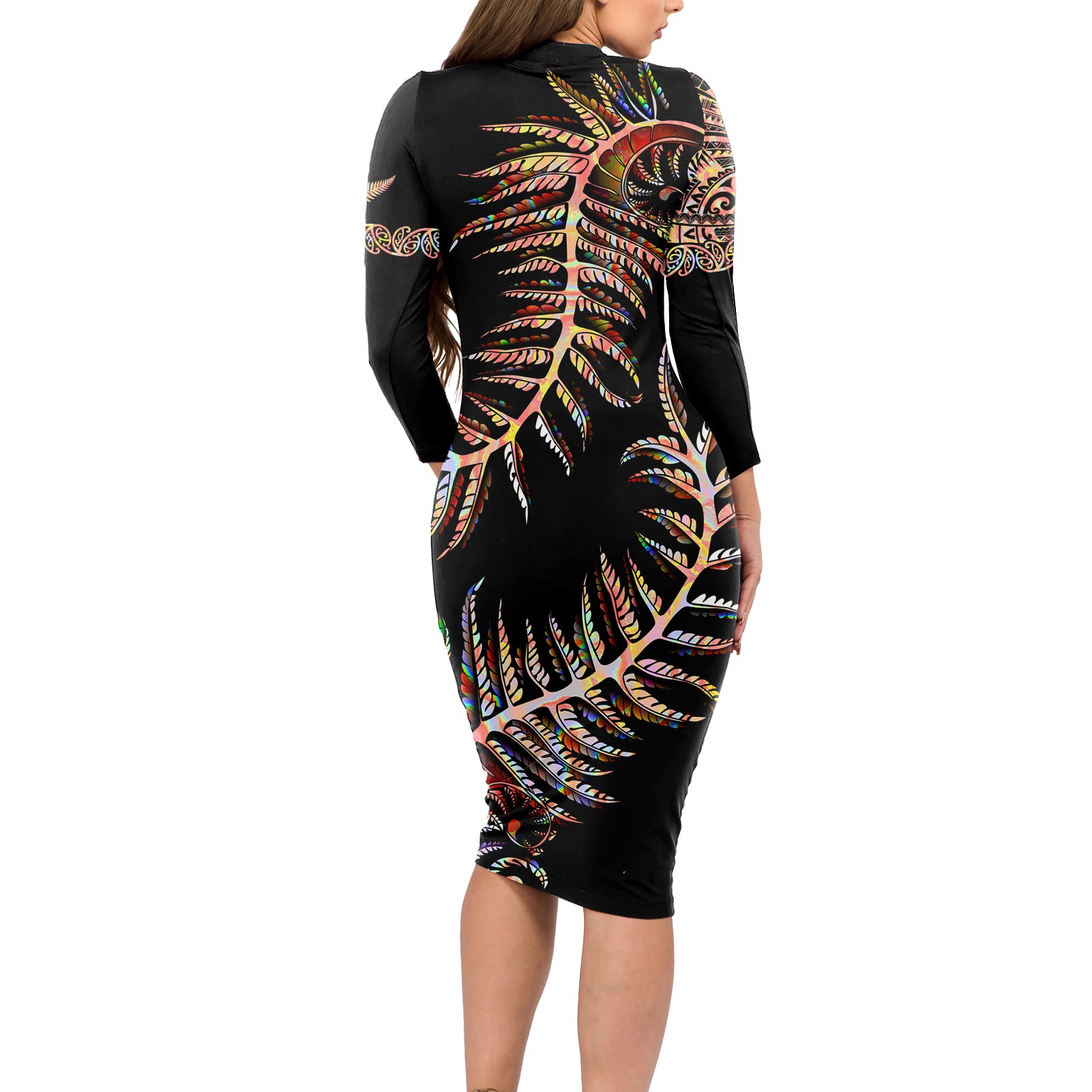 new-zealand-long-sleeve-bodycon-dress-aotearoa-silver-fern-mixed-papua-shell-red-vibe