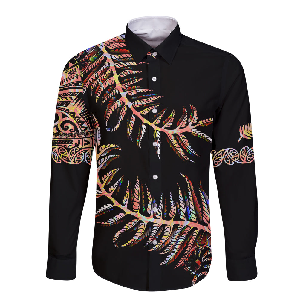 New Zealand Long Sleeve Button Shirt Aotearoa Silver Fern Mixed Papua Shell Red Vibe - Vibe Hoodie Shop