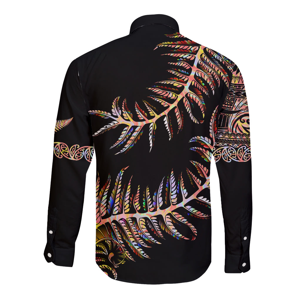 New Zealand Long Sleeve Button Shirt Aotearoa Silver Fern Mixed Papua Shell Red Vibe - Vibe Hoodie Shop