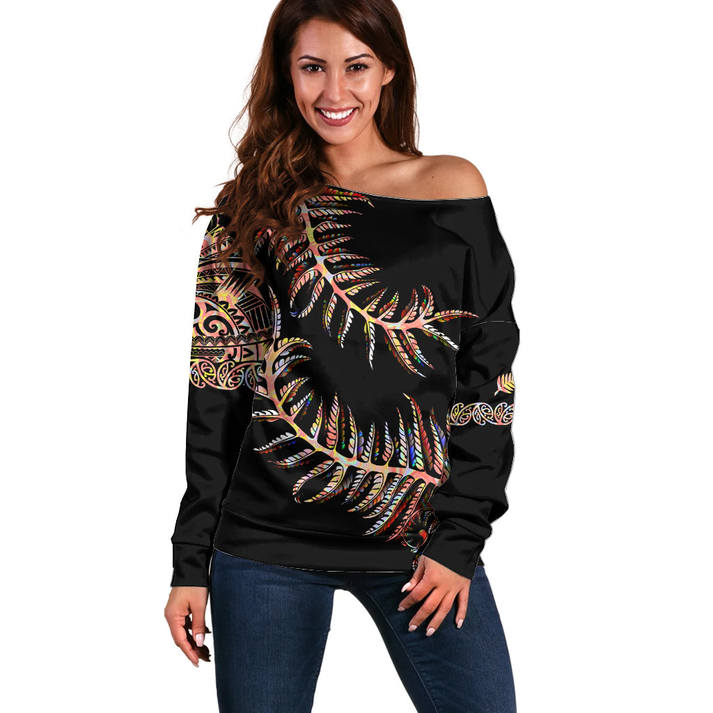 New Zealand Off Shoulder Sweater Aotearoa Silver Fern Mixed Papua Shell Red Vibe - Vibe Hoodie Shop