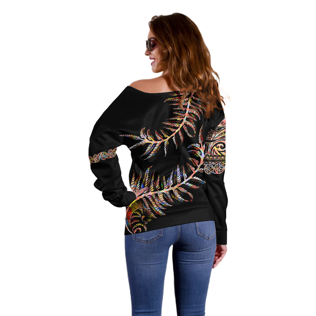 New Zealand Off Shoulder Sweater Aotearoa Silver Fern Mixed Papua Shell Red Vibe - Vibe Hoodie Shop