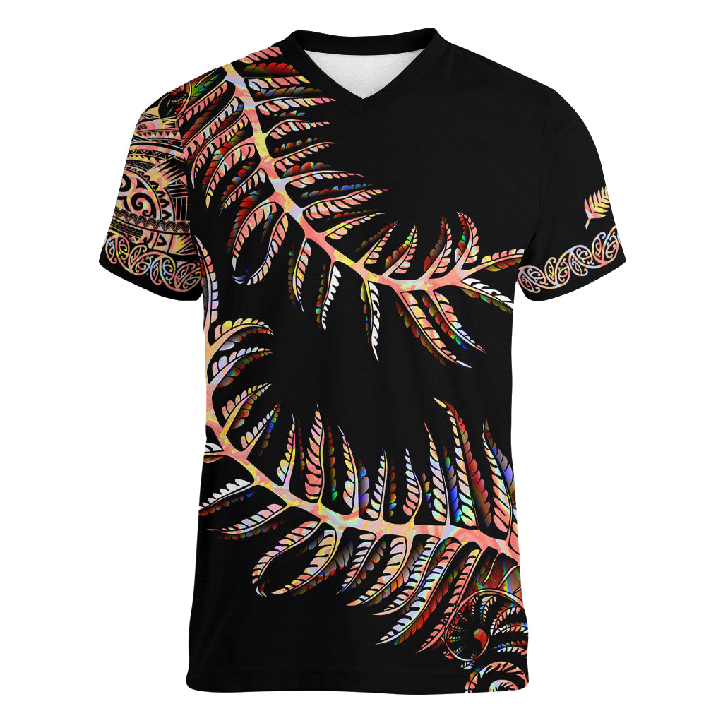 New Zealand Women V Neck T Shirt Aotearoa Silver Fern Mixed Papua Shell Red Vibe - Vibe Hoodie Shop