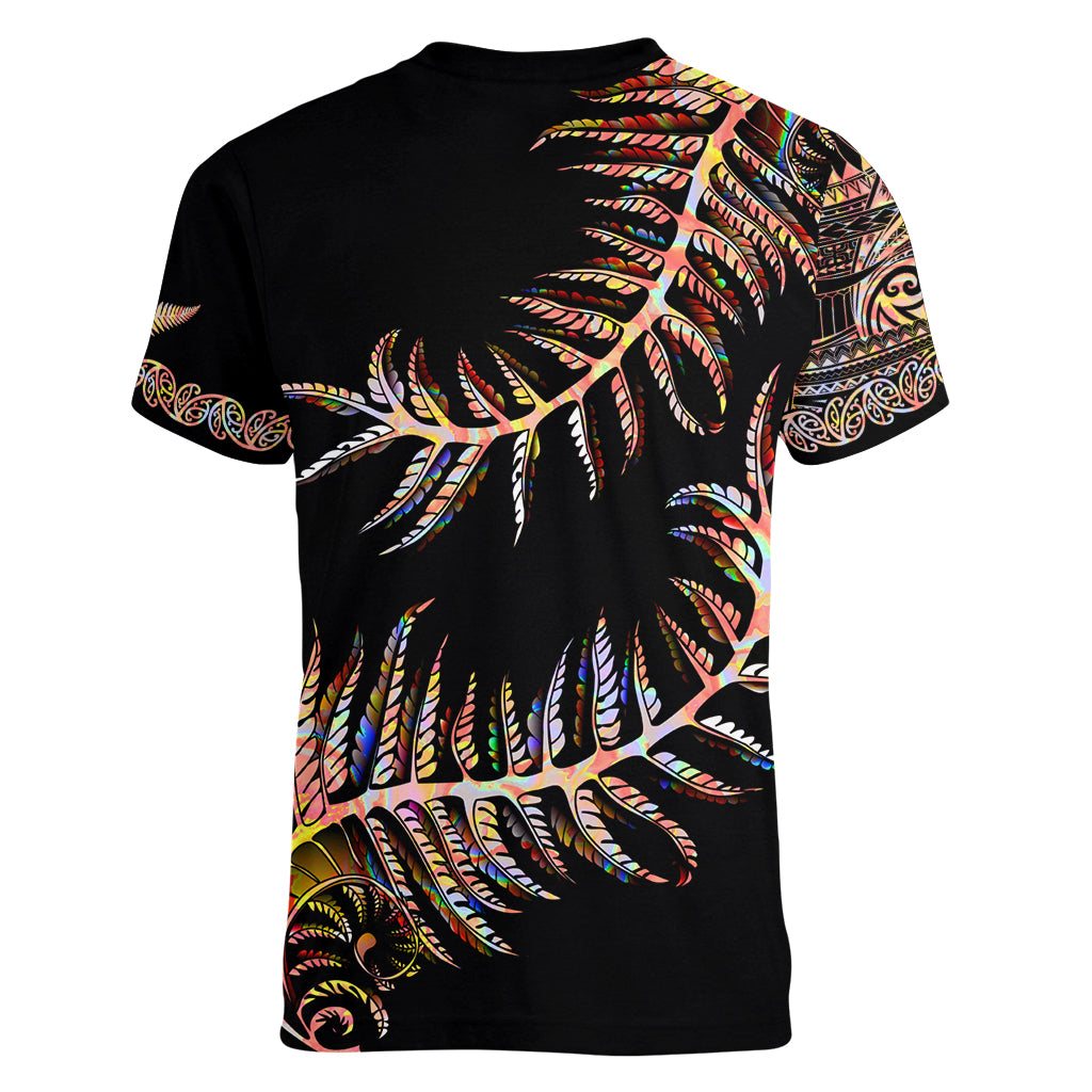 New Zealand Women V Neck T Shirt Aotearoa Silver Fern Mixed Papua Shell Red Vibe - Vibe Hoodie Shop