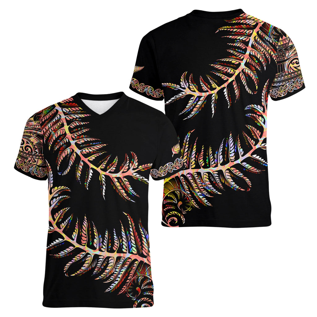 New Zealand Women V Neck T Shirt Aotearoa Silver Fern Mixed Papua Shell Red Vibe - Vibe Hoodie Shop